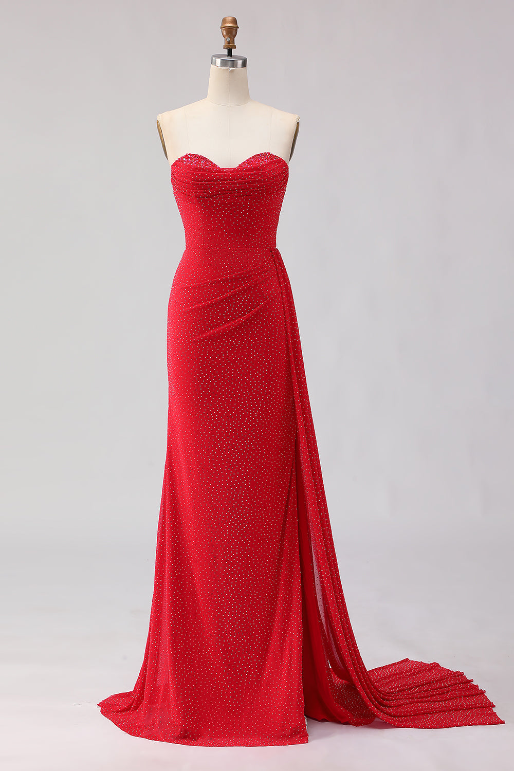 Sparkly Red Sheath Beaded Long Prom Dress with Slit