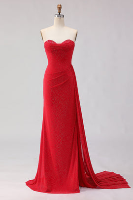 Sparkly Red Sheath Beaded Long Prom Dress with Slit