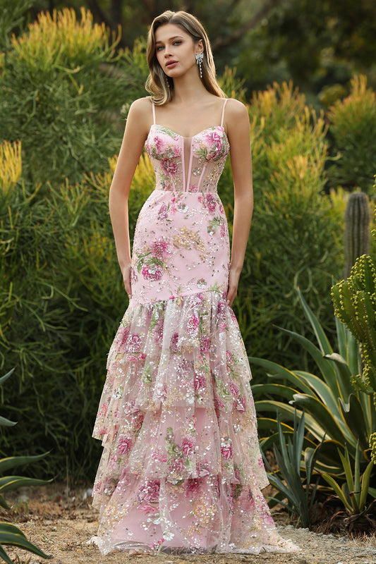 Sparkly Floral Pink Beaded Mermaid Long Corset Prom Dress with Ruffles