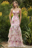 Sparkly Pink Floral Mermaid Beaded Long Corset Prom Dress with Ruffles
