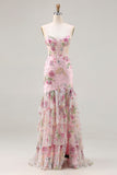 Sparkly Pink Floral Mermaid Beaded Long Corset Prom Dress with Ruffles