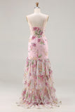 Sparkly Pink Floral Mermaid Beaded Long Corset Prom Dress with Ruffles
