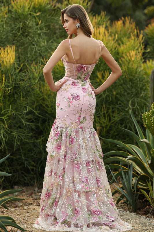 Sparkly Floral Pink Beaded Mermaid Long Corset Prom Dress with Ruffles