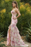 Sparkly Floral Blue Ruffled Mermaid Long Corset Prom Dress with Beading