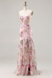 Sparkly Pink Floral Mermaid Beaded Long Corset Prom Dress with Ruffles
