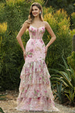 Sparkly Floral Blue Ruffled Mermaid Long Corset Prom Dress with Beading