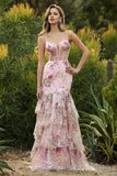 Sparkly Floral Blue Ruffled Mermaid Long Corset Prom Dress with Beading