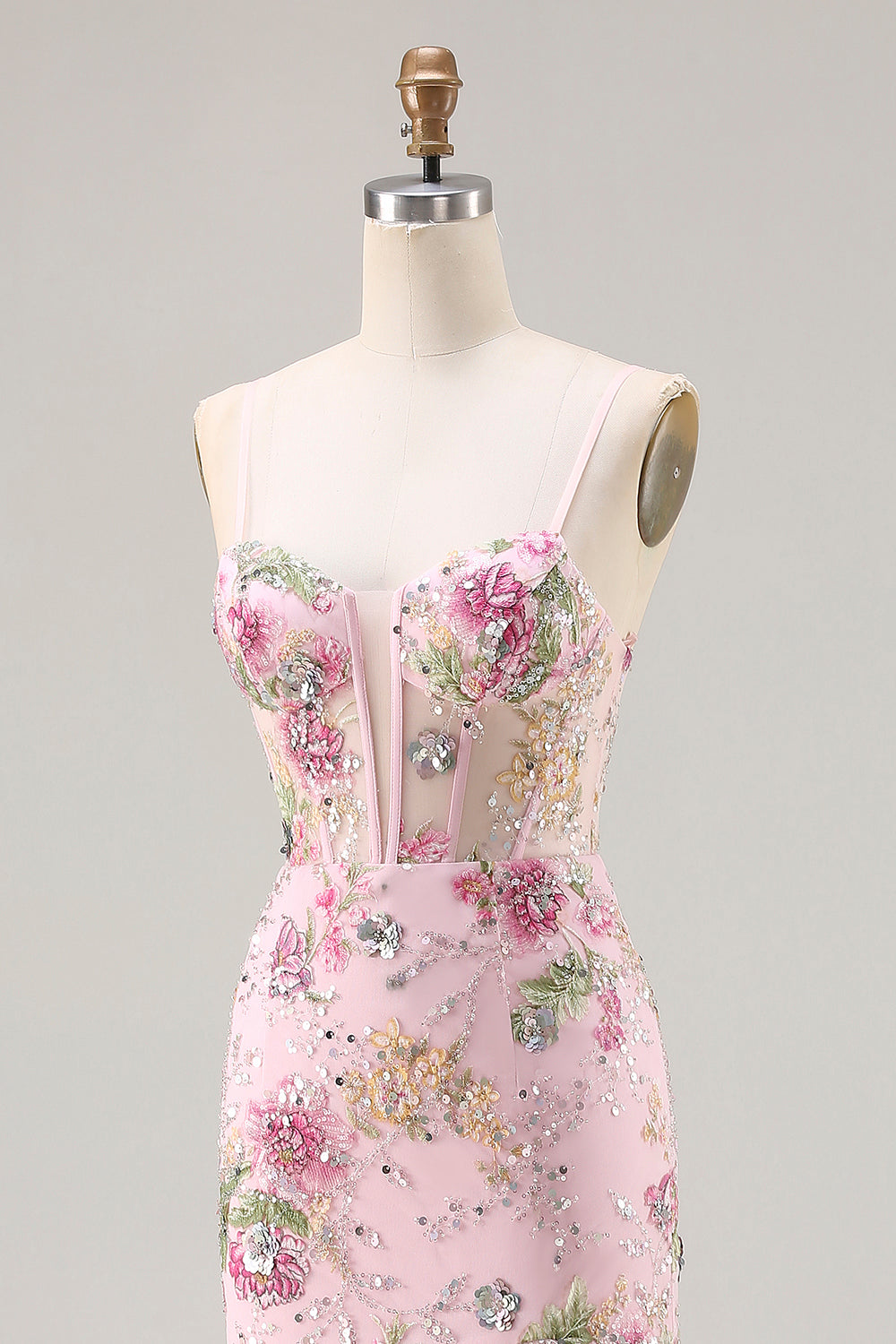 Sparkly Pink Floral Mermaid Beaded Long Corset Prom Dress with Ruffles