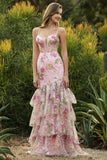 Sparkly Floral Blue Ruffled Mermaid Long Corset Prom Dress with Beading