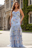 Plus Size Sparkly Floral Blue Ruffled Mermaid Long Corset Prom Dress with Slit