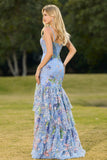Sparkly Floral Blue Ruffled Mermaid Long Corset Prom Dress with Slit
