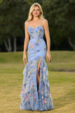 Sparkly Floral Blue Ruffled Mermaid Long Corset Prom Dress with Beading