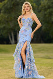 Sparkly Floral Blue Ruffled Mermaid Long Corset Prom Dress with Beading