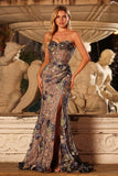 Sparkly Floral Pink Mermaid Ruched Strapless Long Corset Prom Dress with Slit