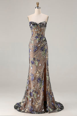 Sparkly Floral Black Beaded Mermaid Long Corset Prom Dress with Slit