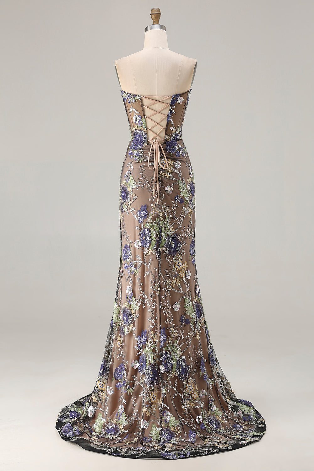 Sparkly Floral Pink Mermaid Beaded Long Corset Prom Dress with Slit