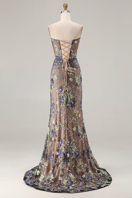 Sparkly Floral Black Beaded Mermaid Long Corset Prom Dress with Slit