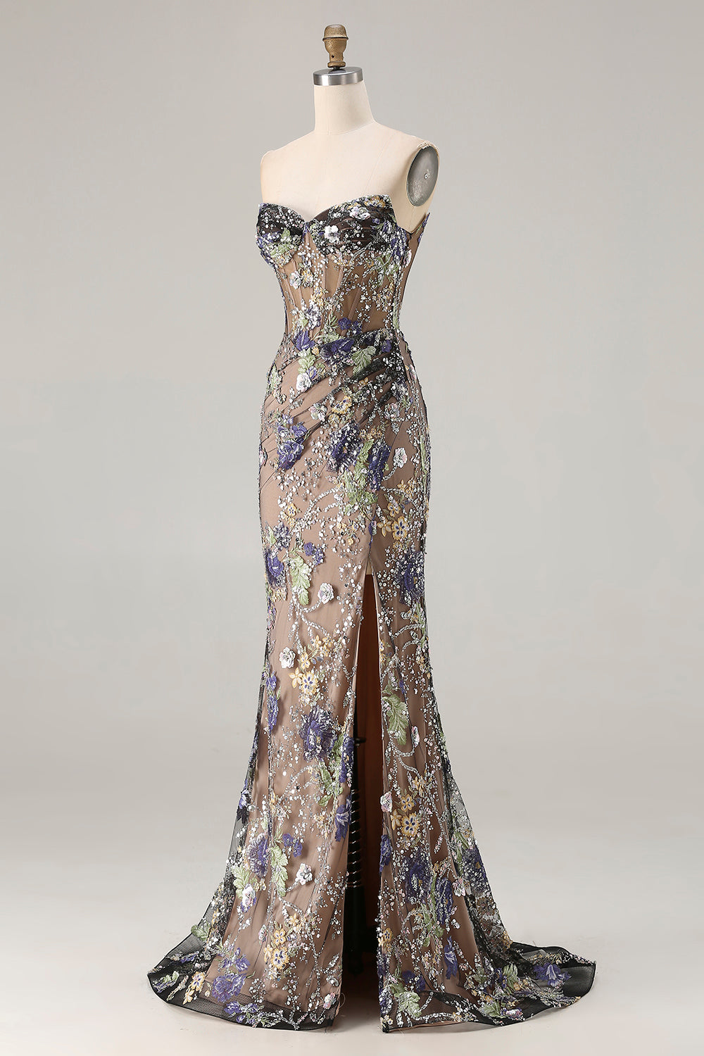 Sparkly Floral Black Beaded Mermaid Long Corset Prom Dress with Slit