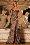 Sparkly Floral Pink Mermaid Ruched Strapless Long Corset Prom Dress with Slit