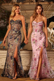 Sparkly Floral Pink Mermaid Ruched Strapless Long Corset Prom Dress with Slit