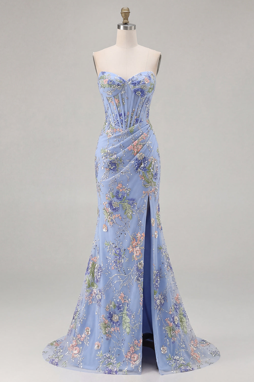 Sparkly Floral Pink Mermaid Beaded Long Corset Prom Dress with Slit