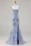Sparkly Floral Pink Mermaid Beaded Long Corset Prom Dress with Slit