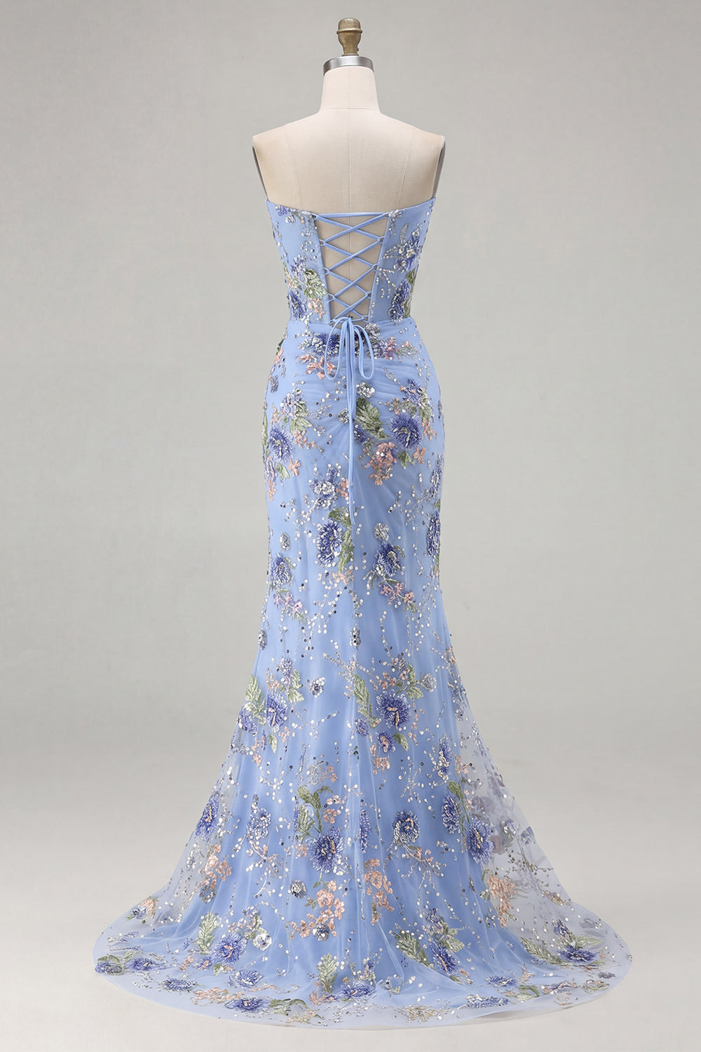 Sparkly Floral Pink Mermaid Beaded Long Corset Prom Dress with Slit