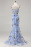 Sparkly Floral Pink Mermaid Beaded Long Corset Prom Dress with Slit