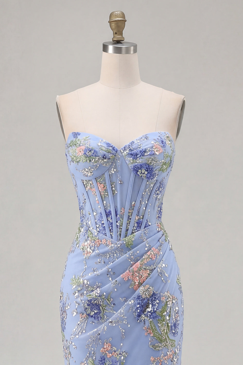 Sparkly Floral Pink Mermaid Beaded Long Corset Prom Dress with Slit