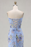 Sparkly Floral Pink Mermaid Beaded Long Corset Prom Dress with Slit