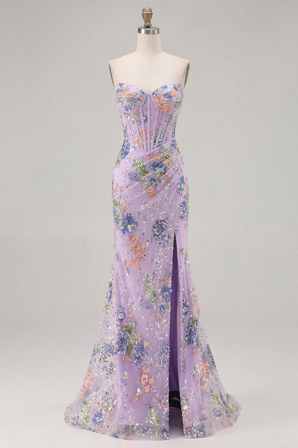 Sparkly Floral Pink Mermaid Beaded Long Corset Prom Dress with Slit