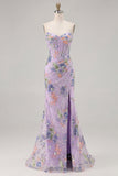 Sparkly Floral Pink Mermaid Beaded Long Corset Prom Dress with Slit