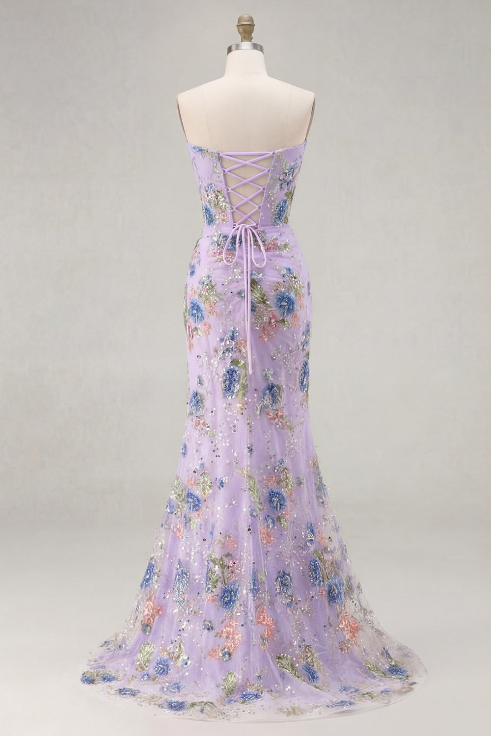 Sparkly Floral Pink Mermaid Beaded Long Corset Prom Dress with Slit