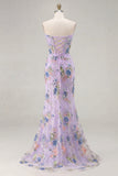 Sparkly Floral Pink Mermaid Beaded Long Corset Prom Dress with Slit