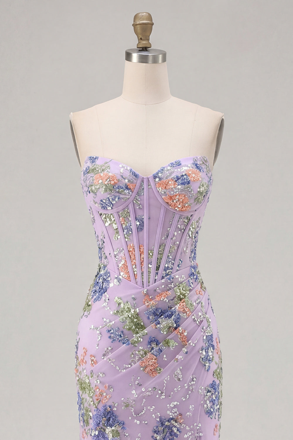 Sparkly Floral Pink Mermaid Beaded Long Corset Prom Dress with Slit