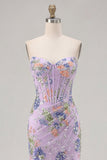 Sparkly Floral Pink Mermaid Beaded Long Corset Prom Dress with Slit