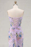 Sparkly Floral Pink Mermaid Beaded Long Corset Prom Dress with Slit