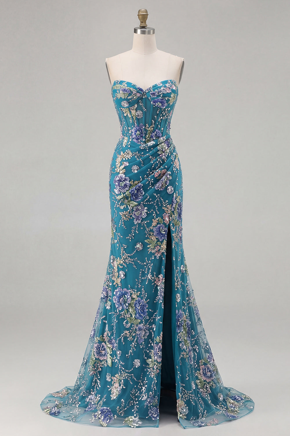 Sparkly Floral Pink Mermaid Beaded Long Corset Prom Dress with Slit