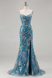 Sparkly Floral Pink Mermaid Beaded Long Corset Prom Dress with Slit