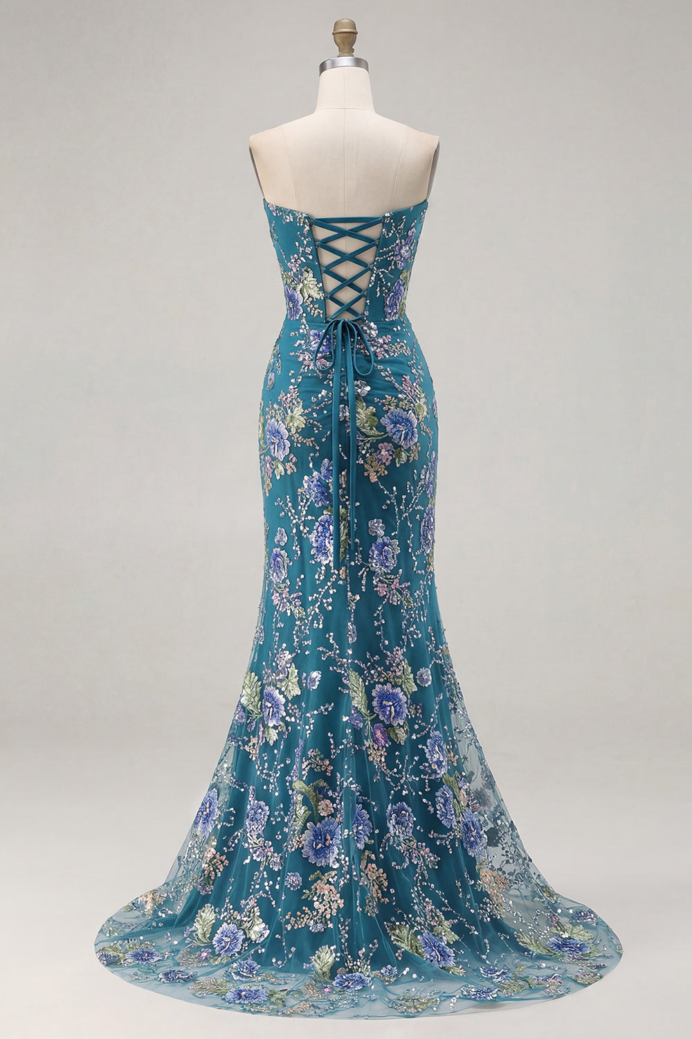 Sparkly Floral Pink Mermaid Beaded Long Corset Prom Dress with Slit