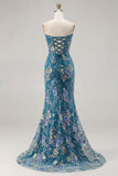 Sparkly Floral Pink Mermaid Beaded Long Corset Prom Dress with Slit