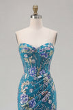 Sparkly Floral Pink Mermaid Beaded Long Corset Prom Dress with Slit