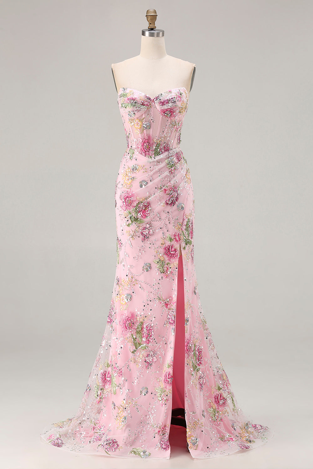 pink mermaid corset floral prom dress with slit Leely Women Sparkly Floral Pink Beaded Maxi Corset Prom Dress with Slit Mermaid Strapless Ruched Lace Up Back Pageant Dress