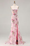 Sparkly Floral Pink Mermaid Beaded Long Corset Prom Dress with Slit