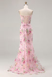 Sparkly Floral Pink Mermaid Beaded Long Corset Prom Dress with Slit