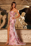 Sparkly Floral Pink Mermaid Ruched Strapless Long Corset Prom Dress with Slit