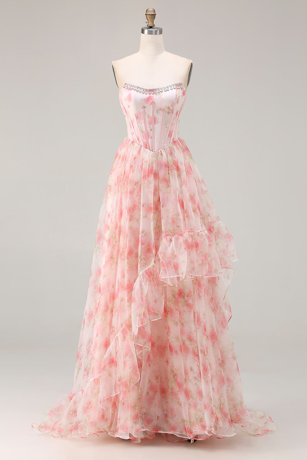 Sparkly Floral Pink Beaded A Line Long Corset Prom Dress with Ruffles