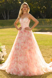 Sparkly Floral Pink A Line Beaded Ruffled Long Corset Prom Dress
