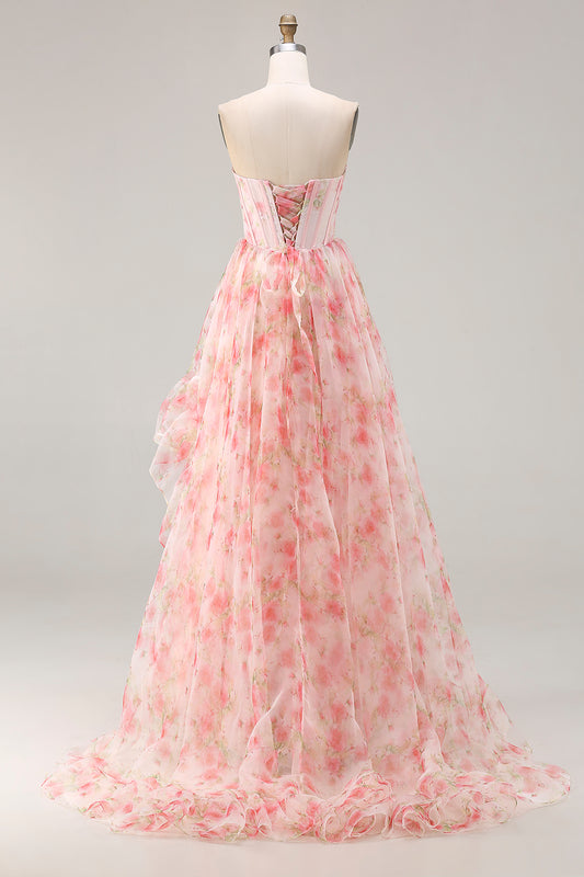 Sparkly Floral Pink Beaded A Line Long Corset Prom Dress with Ruffles