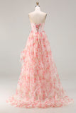 Sparkly Floral Pink Beaded A Line Long Corset Prom Dress with Ruffles